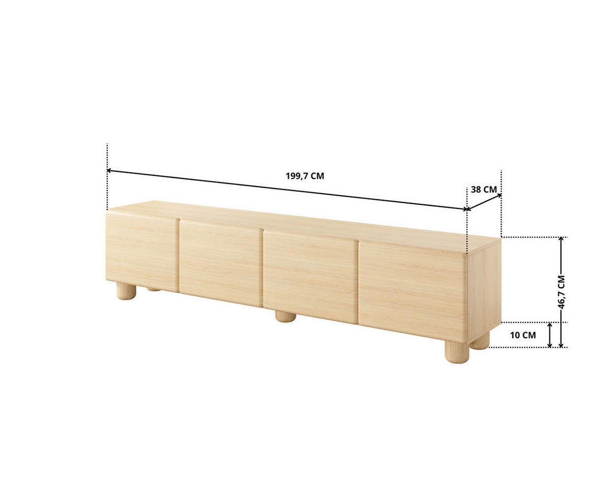 TV-LOWBOARD CERVI F 200 cm Eiche Vicenza - mit 4 Klappen und abgerundeten Fronten - Eichefarben, Holz/Holzwerkstoff (200/47/38cm) - Ravio