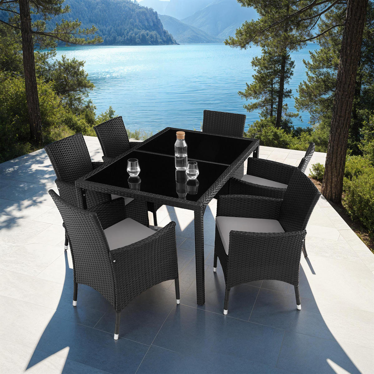 RATTAN SITZGRUPPE Porto,inklusive Schutzhülle,schwarz/grau - Schwarz/Grau, Kunststoff - tectake