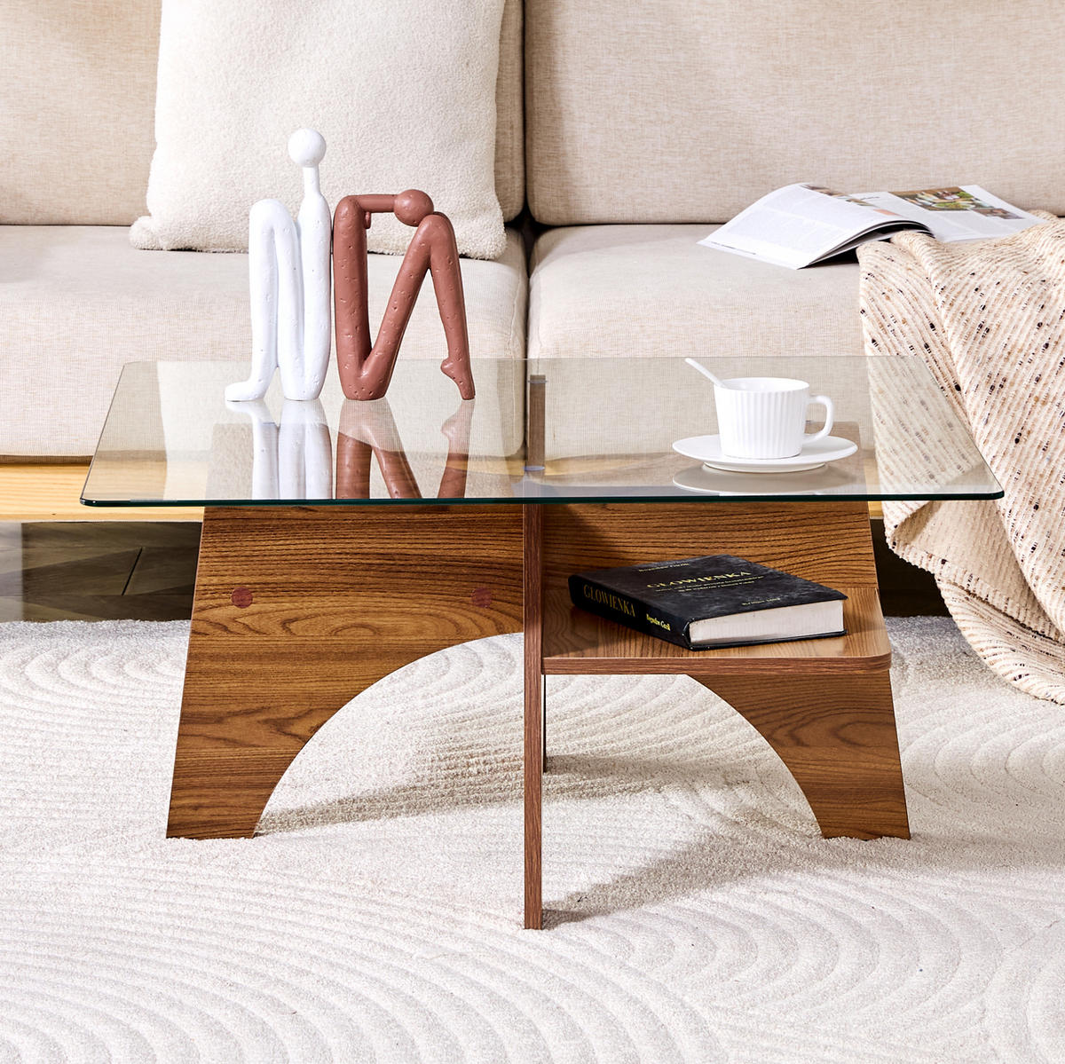 COUCHTISCH 80/80/40 cm Transparent Nussbaum MDF mit Sicherheitsglas und Ablagefach - Walnussfarben, Holzwerkstoff (80/80/40cm) - OKWISH
