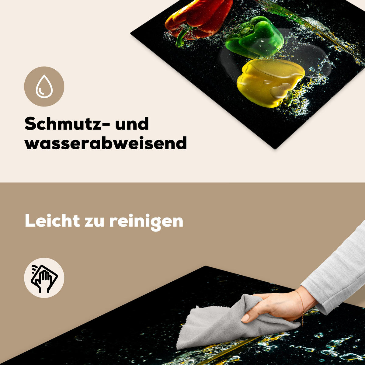 HERDABDECKPLATTE Paprika - Gemüse - Wasser - Schwarz - Rot - Grün - Gelb Herdabdeckung Induktionsfeld 60x52 cm - Multicolor, Kunststoff (60/52/0.2cm) - MuchoWow