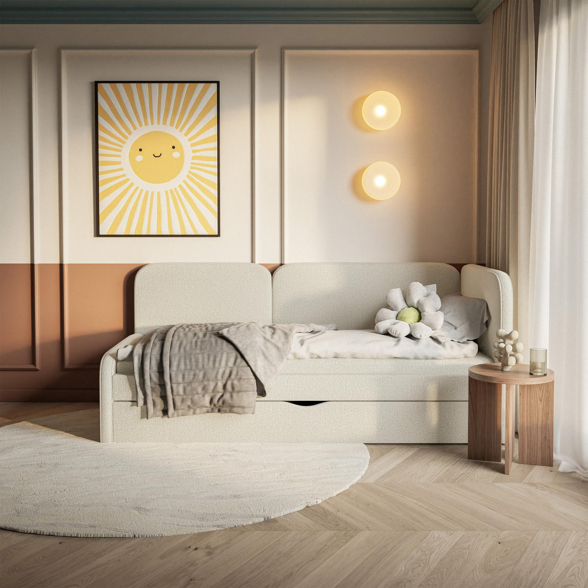 ČALOUNĚNÁ postel Cuddy, čelo vpravo, pletená látka světle béžová, 90x200 cm - černá/ecru, kompozitní dřevo/plast (90/200cm) - Selsey
