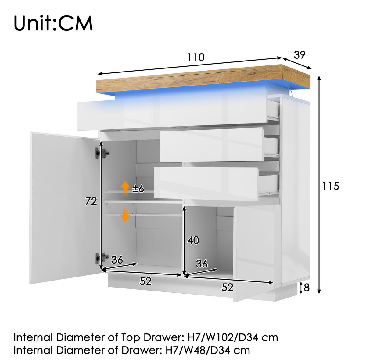 KOMMODE, Hochglanz, 3 Schubladen & 2 Türen, LED-App-Steuerung, 110x39x115 cm, Weiß - Weiß, Holzwerkstoff (39/115/110cm) - Modfu