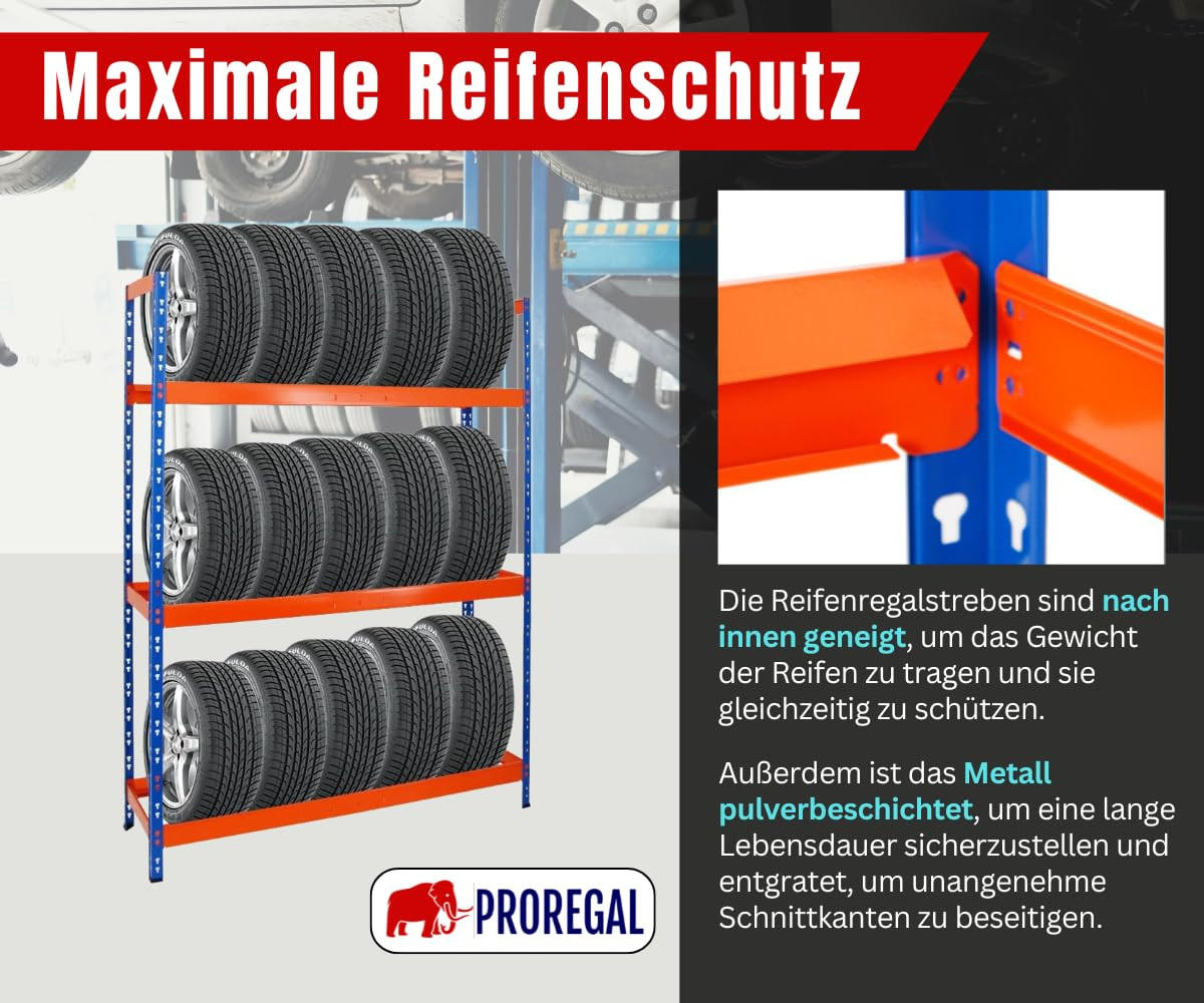 REIFENREGAL Tiger XL 200x150x45 cm 300 kg Fachlast bis zu 18 Reifen auf 3 Ebenen Blau/Orange - Blau/Orange, Metall (150/200/45cm) - PROREGAL