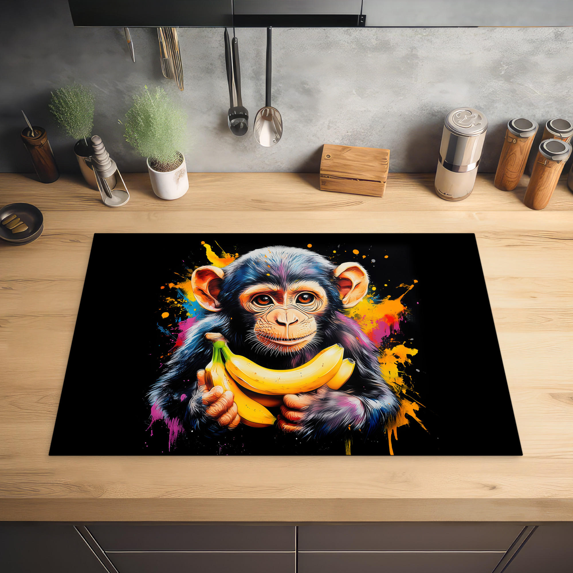 HERDABDECKPLATTE Affe - Graffiti - Farbenfroh - Bananen - Modern 76x51 cm - Gelb, Kunststoff (76/0.2/51.5cm) - MuchoWow