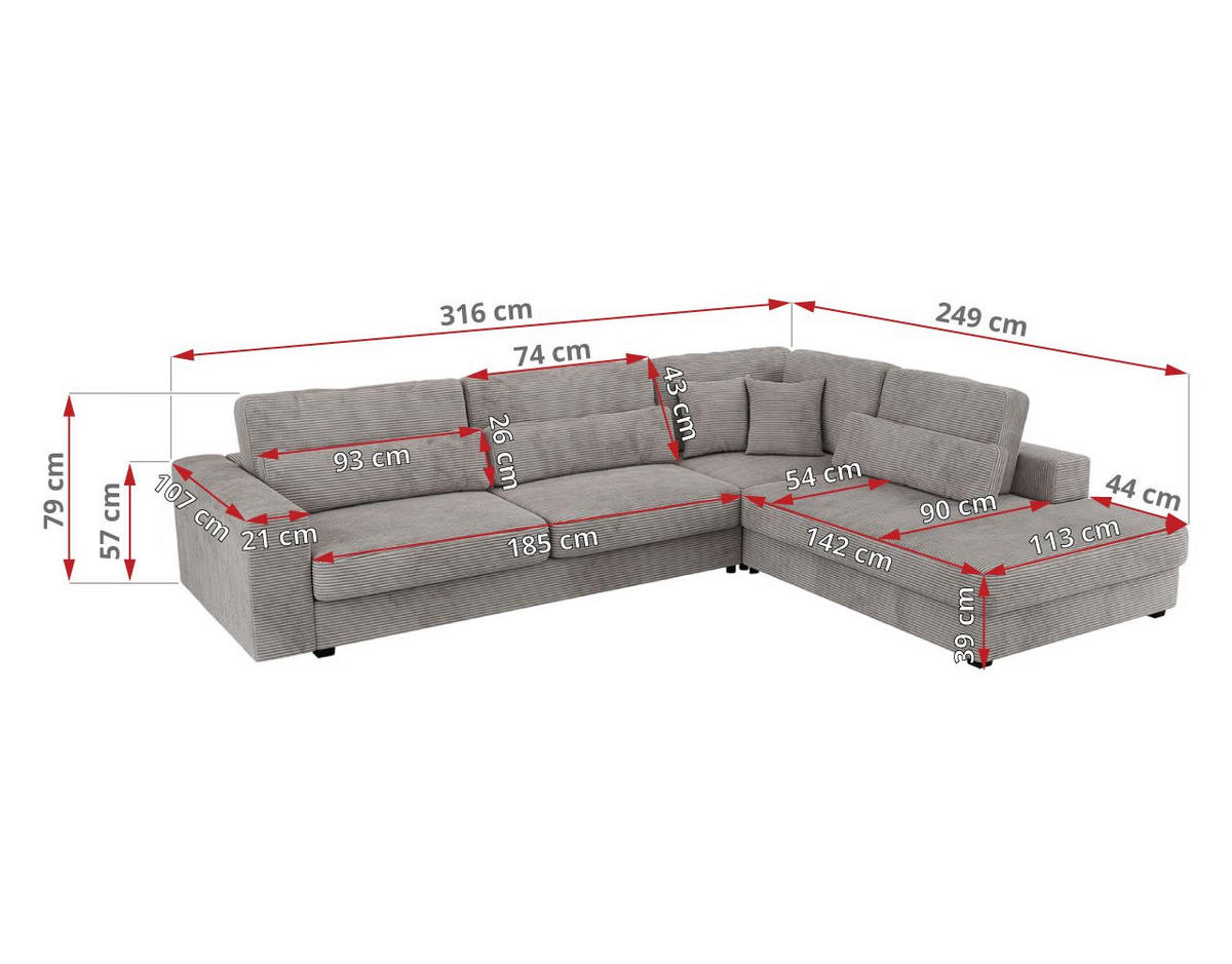 ECKSOFA Savona Grau Cord - links - Schwarz/Grau, Kunststoff/Textil (316/249cm) - MKS