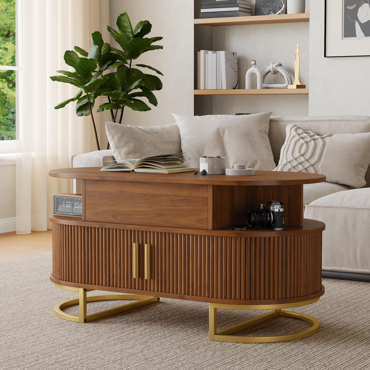 COUCHTISCH 100/50/64 cm, Nussbaum, höhenverstellbar, mit Stauraum und Schiebetüren - Walnussfarben/Schwarz, Holzwerkstoff/Metall (50/100/64cm) - CHICFURN