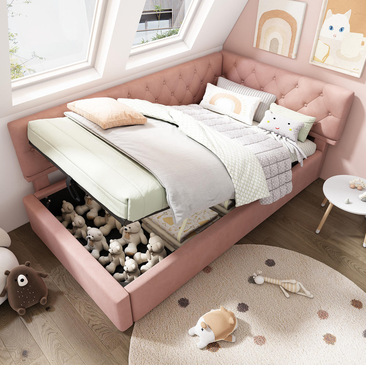 POLSTERBETT 90/200 cm mit hydraulischem Bettkasten, L-förmiges Kopfteil, Rosa - Rosa, Textil (90/200cm) - Redom