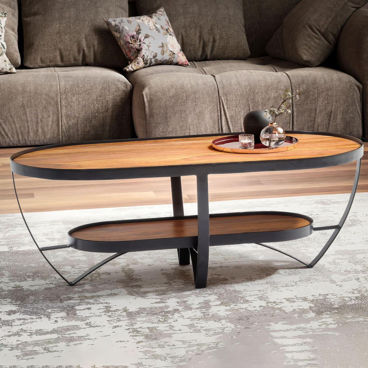 COUCHTISCH Sheesham Massivholz Metall Oval 100x50x37,5 cm mit Stauraum Modern - Sheeshamfarben/Schwarz, Holz/Metall (50/100/38cm) - KADIMA DESIGN