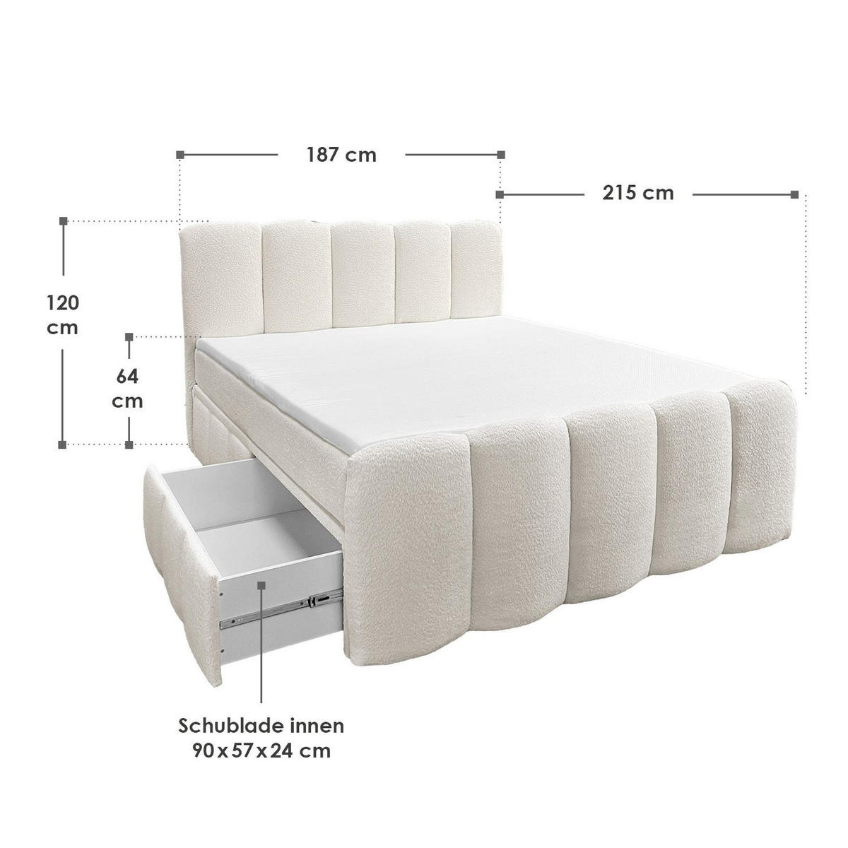 BOXBETT Manitoba 180/200 cm Bouclé Creme mit Bettkasten - Creme, Textil (180/200cm) - Juskys