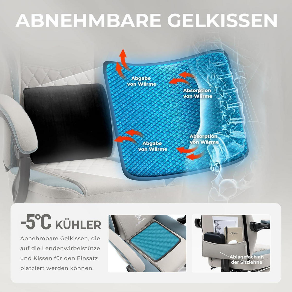 GAMING Stuhl Stoff Grau mit Fußstütze und Massagefunktion - Grau, Textil (50/133/50cm)