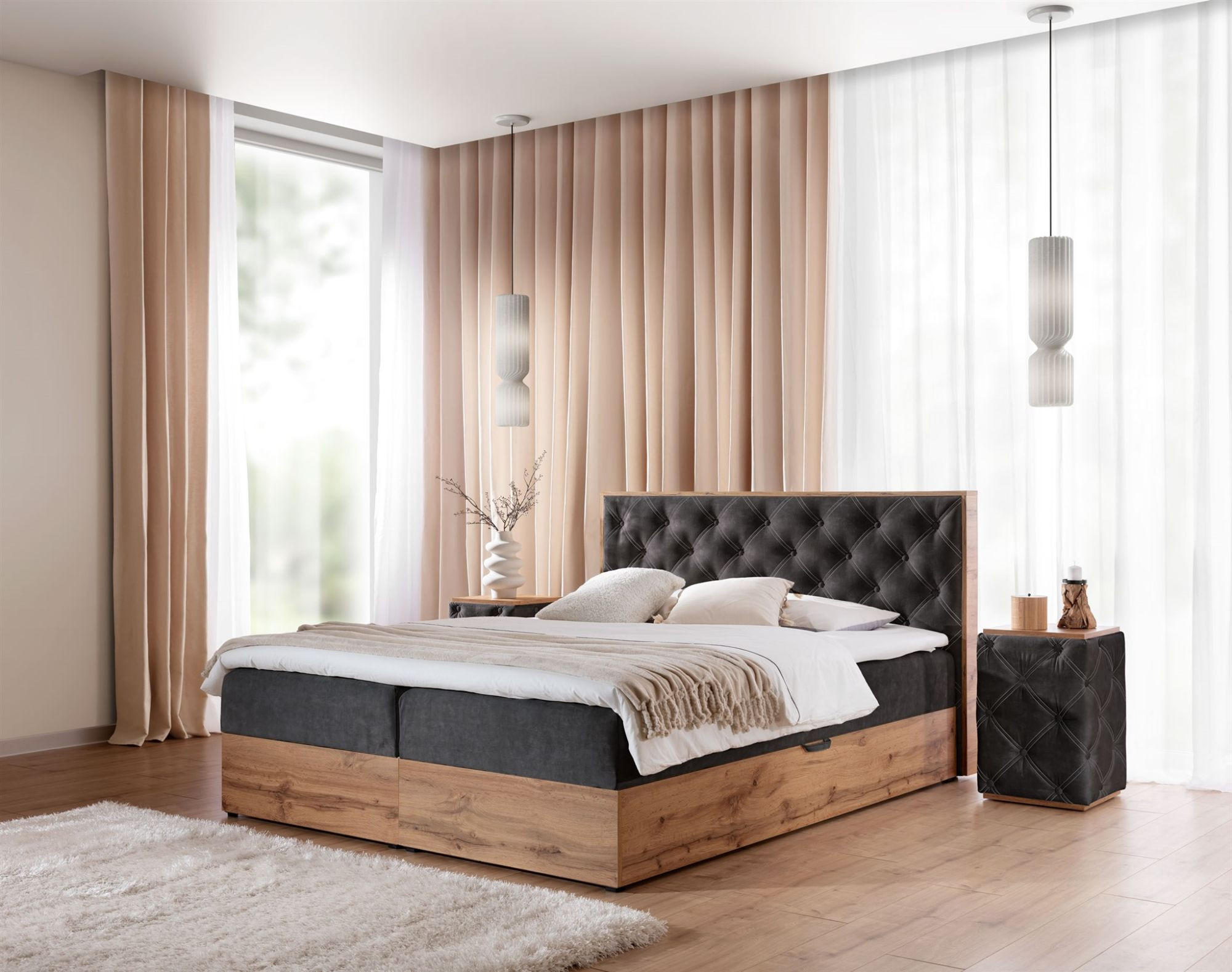 BOXBETT Maximo In Stoff überlänge - Schwarz, Holzwerkstoff/Textil (200/220cm) - Fun Möbel