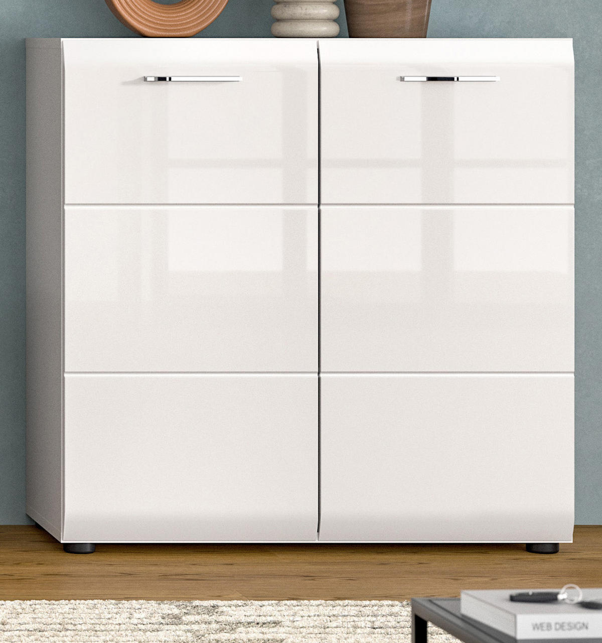 KOMMODE weiß Hochglanz 80 x 81 cm, Sideboard 2-türig - Weiß Hochglanz/Silberfarben, Holzwerkstoff/Kunststoff (80/81/34cm) - Inn.Furn