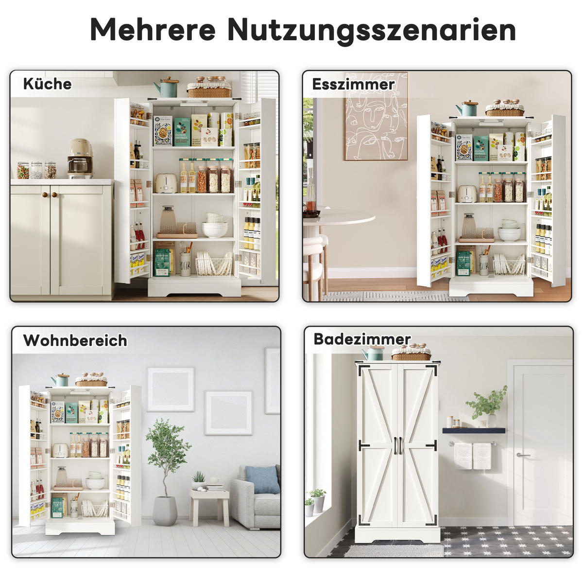 BUFFET 60/35/128,5 cm in Weiß mit LED-Beleuchtung und verstellbaren Böden - Weiß, Holzwerkstoff (60/128/35cm) - Flora Grace