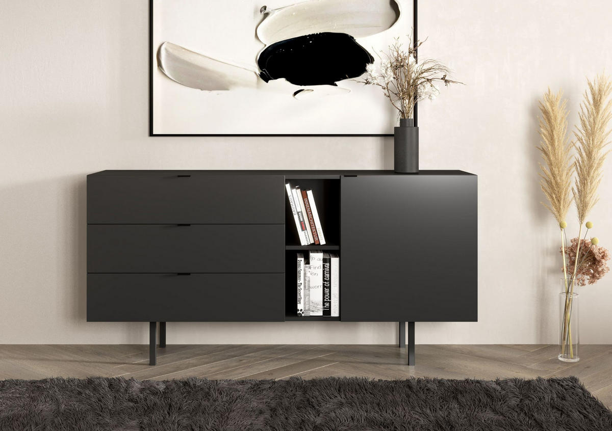 SIDEBOARD Myway, Schwarz, 3 Schubladen, Minimalistisch, 160 cm - Schwarz, Holzwerkstoff/Metall (160/80/41.6cm) - Skandica