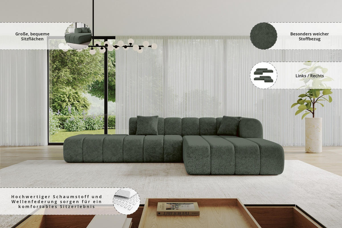 ROHOVÁ SEDAČKA s otomanem, pravá BILA-L 289x176x71 Zelená Žinylka - černá/smaragdově zelená, kompozitní dřevo/textil (289/176cm) - ALTDECOR