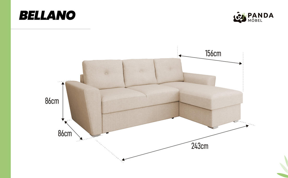 ECKSOFA Bellano Ecksofa L-Form- links oder rechts montierbar, beige - Beige, Holz (243/156cm) - Panda Möbel