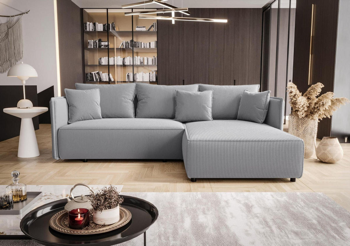 ECKSOFA MILANO rechts hellgrau Cord Poso 110 - Schlaffunktion, Bettkasten - Hellgrau, Textil (245/184cm) - Cornero