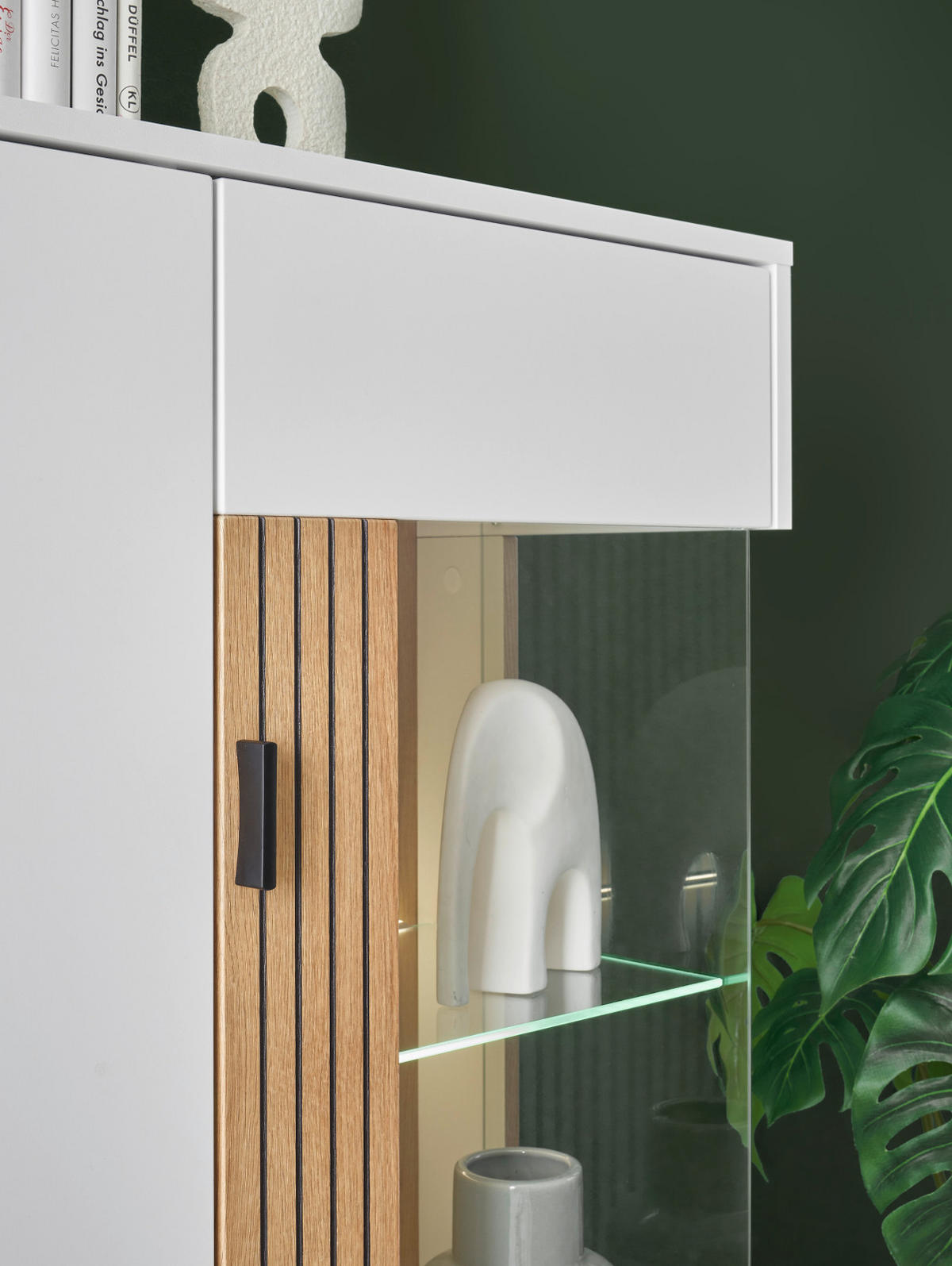 VITRINE weiß matt, Eiche 75 x 125 cm, Highboard mit Soft-Close-Funktion - Eichefarben/Schwarz, Glas/Holzwerkstoff (75/125/38cm)