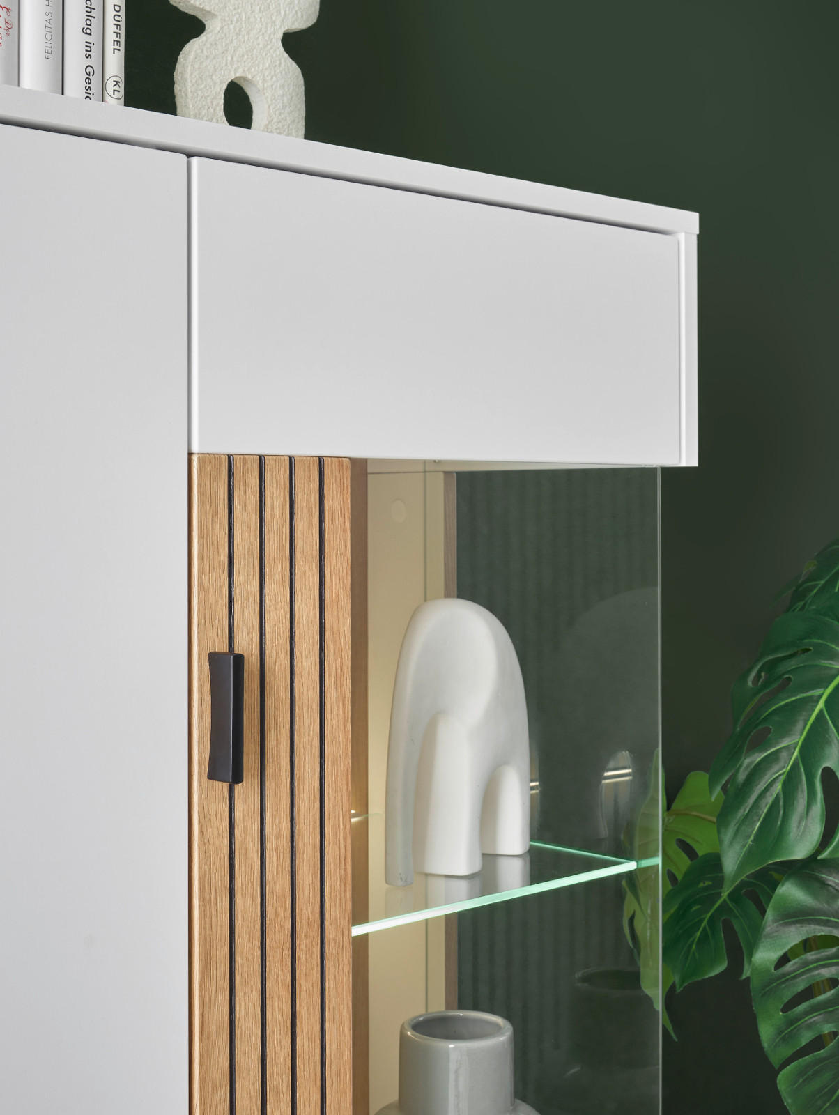 Thumbnail - Vitrine, Weiß, Eiche, Metall, Nachbildung,Eiche, Uni, Holz Optik, 3 Fächer, Rechteckig, eckig, 75x125x38 cm, FSC 100%, W...