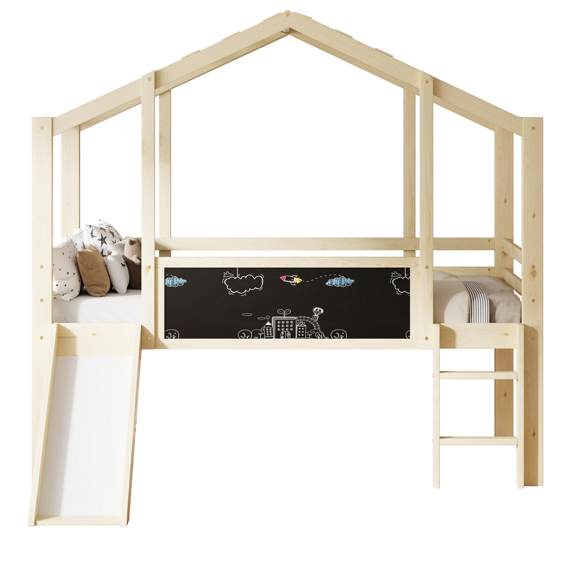 HAUSBETT 90/200 cm Natur aus Massivholz mit Rutsche und Tafel - Naturfarben, Holz (90/200cm) - OKMYHOME