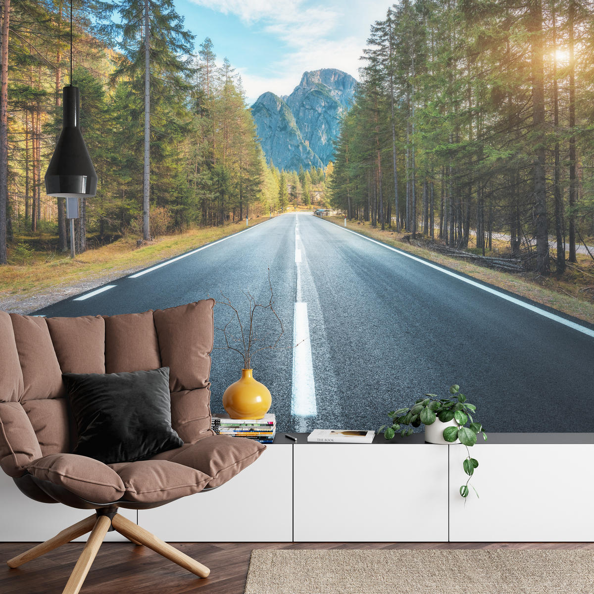 FOTOTAPETE für Wohnzimmer Asphaltstraße Bergwald Bäume Pflanzen 100x70 - Gelb/Schwarz, Papier (100/70cm) - Muralo