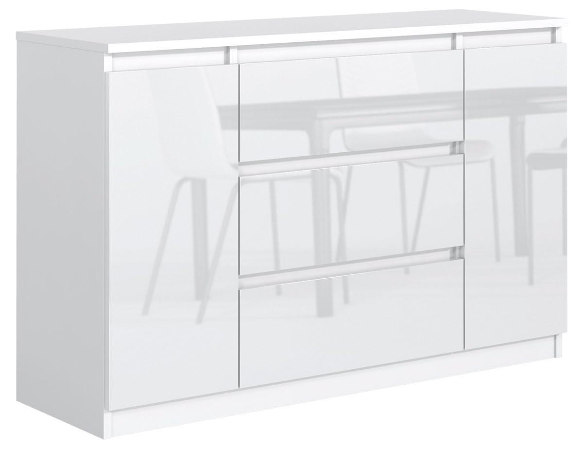 KOMMODE mit 3 Schubladen 2 Schranktüren 120 cm Weiß mit HochglanzFronte - Weiß Hochglanz, Holzwerkstoff (120.4/78.2/39cm) - MebLocker