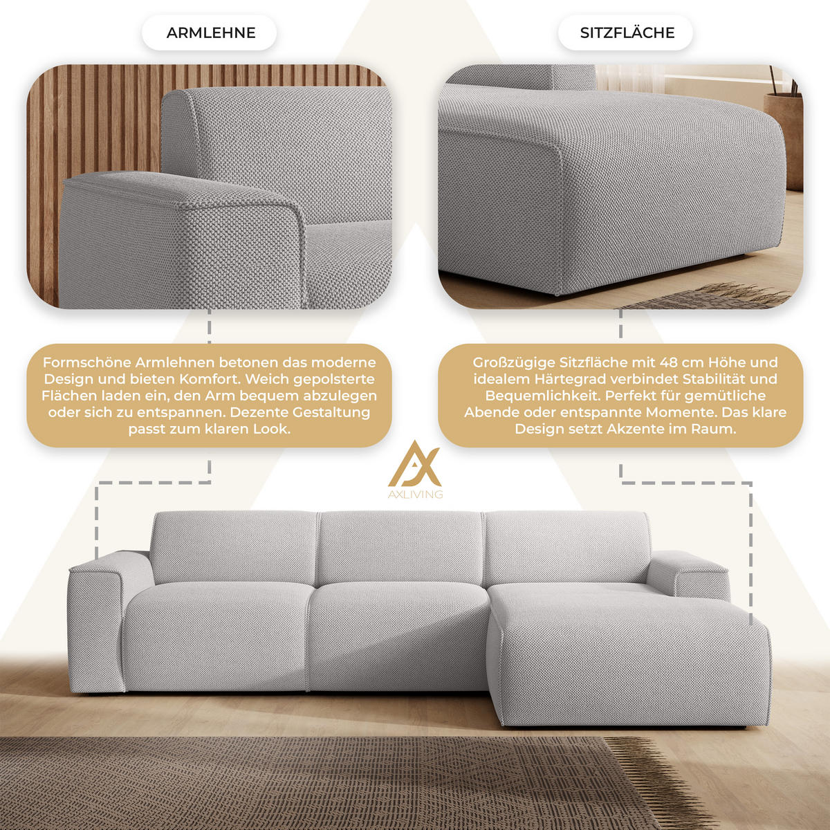 ECKSOFA L Form Didim mini Hellgrau 310/165/78 cm – stilvolle kleine Eckcouch R - Hellgrau/Schwarz, Kunststoff/Textil (310/165cm) - AX Living