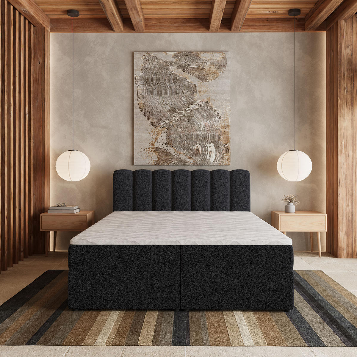 BOXBETT SOLIA 140x200 cm mit Matratze und Topper, H2+H3 - Schwarz - Schwarz, Holz (140/200cm) - MASSENO