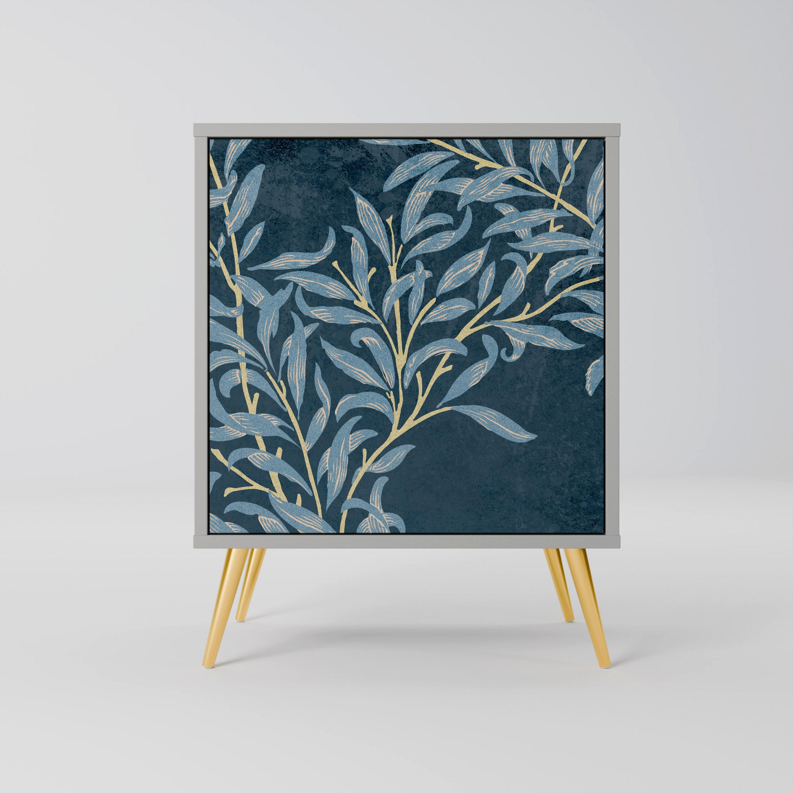 SIDEBOARD BLUE LEAVES, Grau, 57,5x42x75,5 cm, Goldfarbene Metallfüße - Goldfarben/Multicolor, Holzwerkstoff/Metall (57.5/75.5/42cm) - SpaceRebels