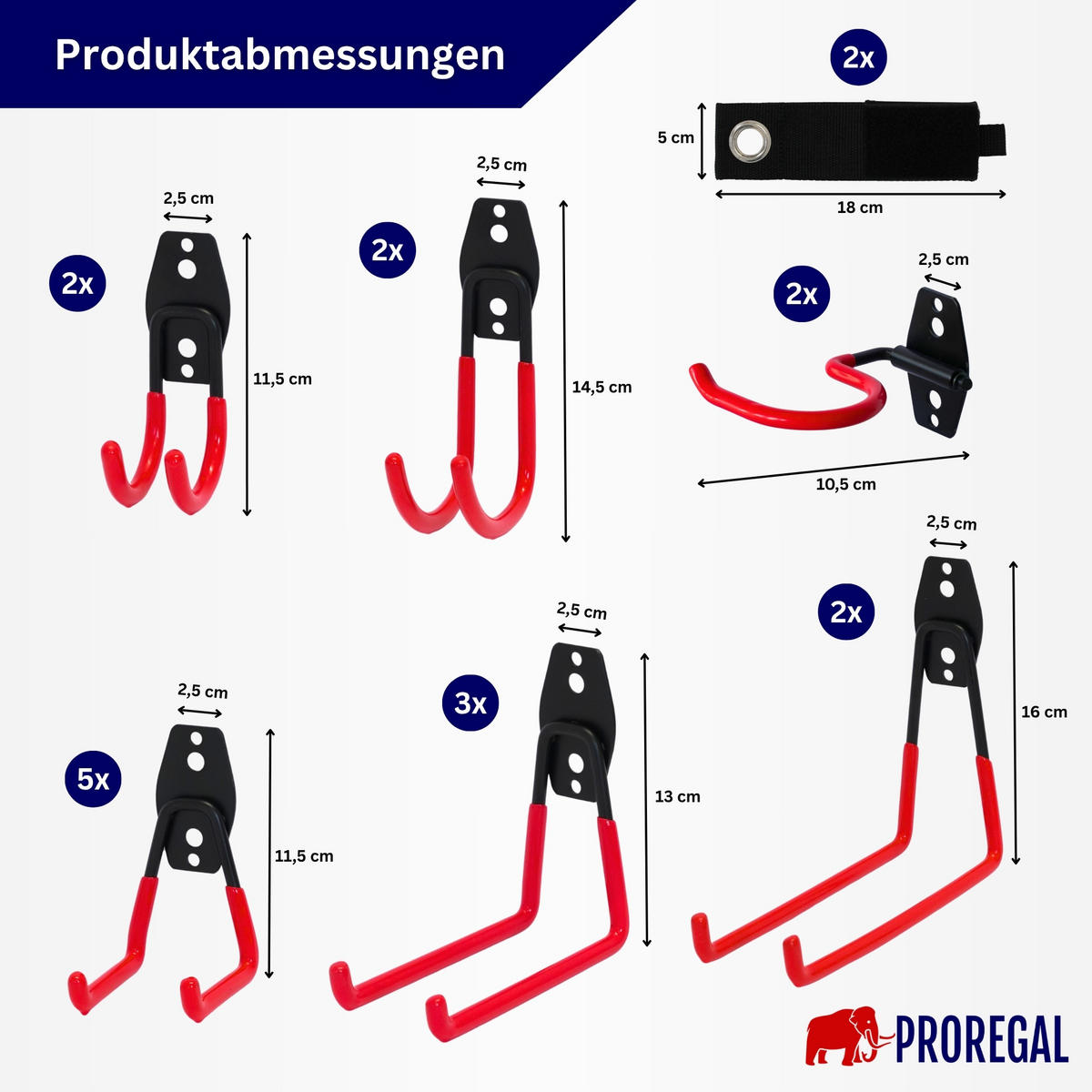 WANDHAKEN für Garage GRIT 18-teiliges Set Rot Gerätehaken Platzsparende Aufbewahrung - Rot, Metall (19/2.5/16cm) - PROREGAL