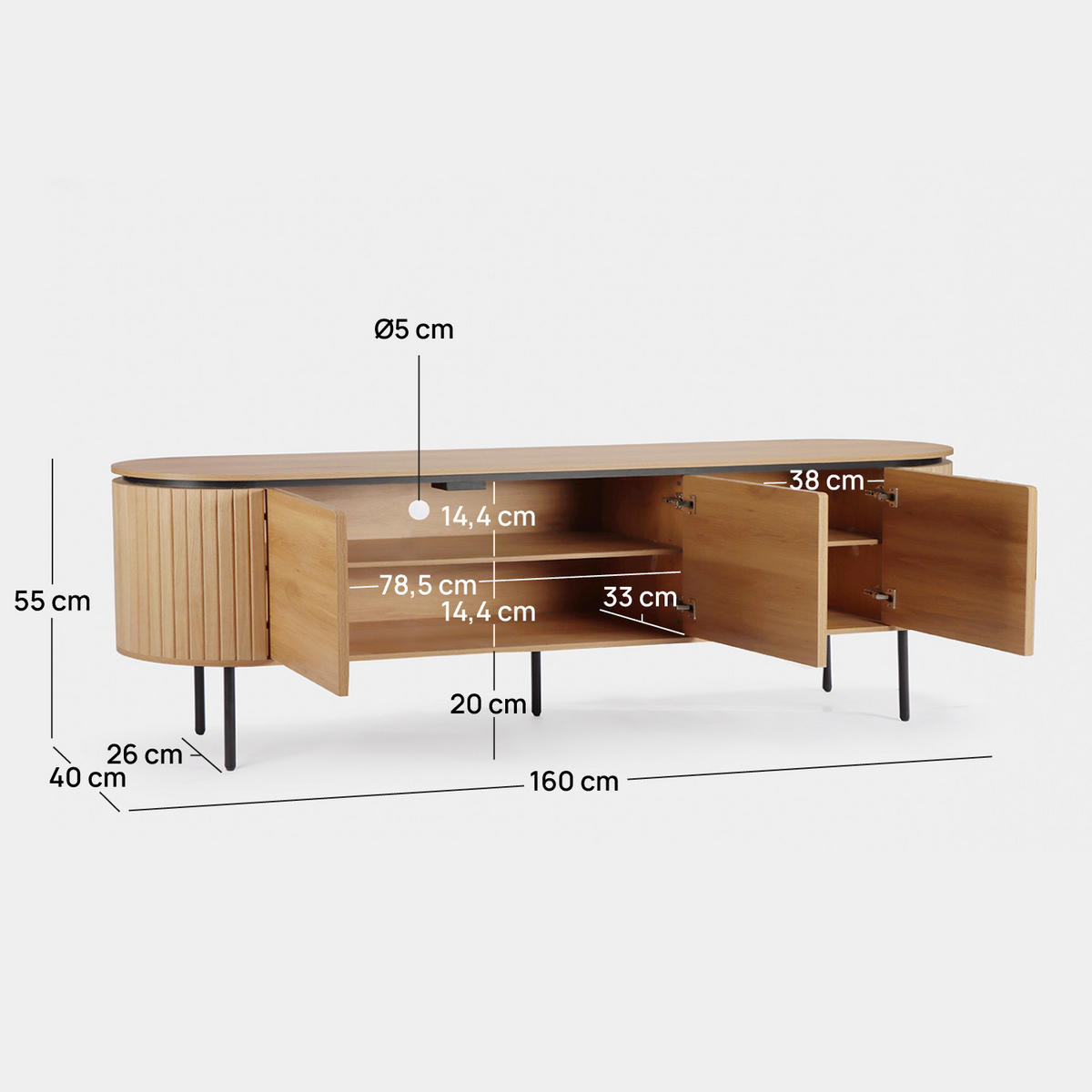 TV-ELEMENT Helios Natürlich 160 cm x 55 cm - Naturfarben, Holzwerkstoff (160/55/40cm) - Klast Home