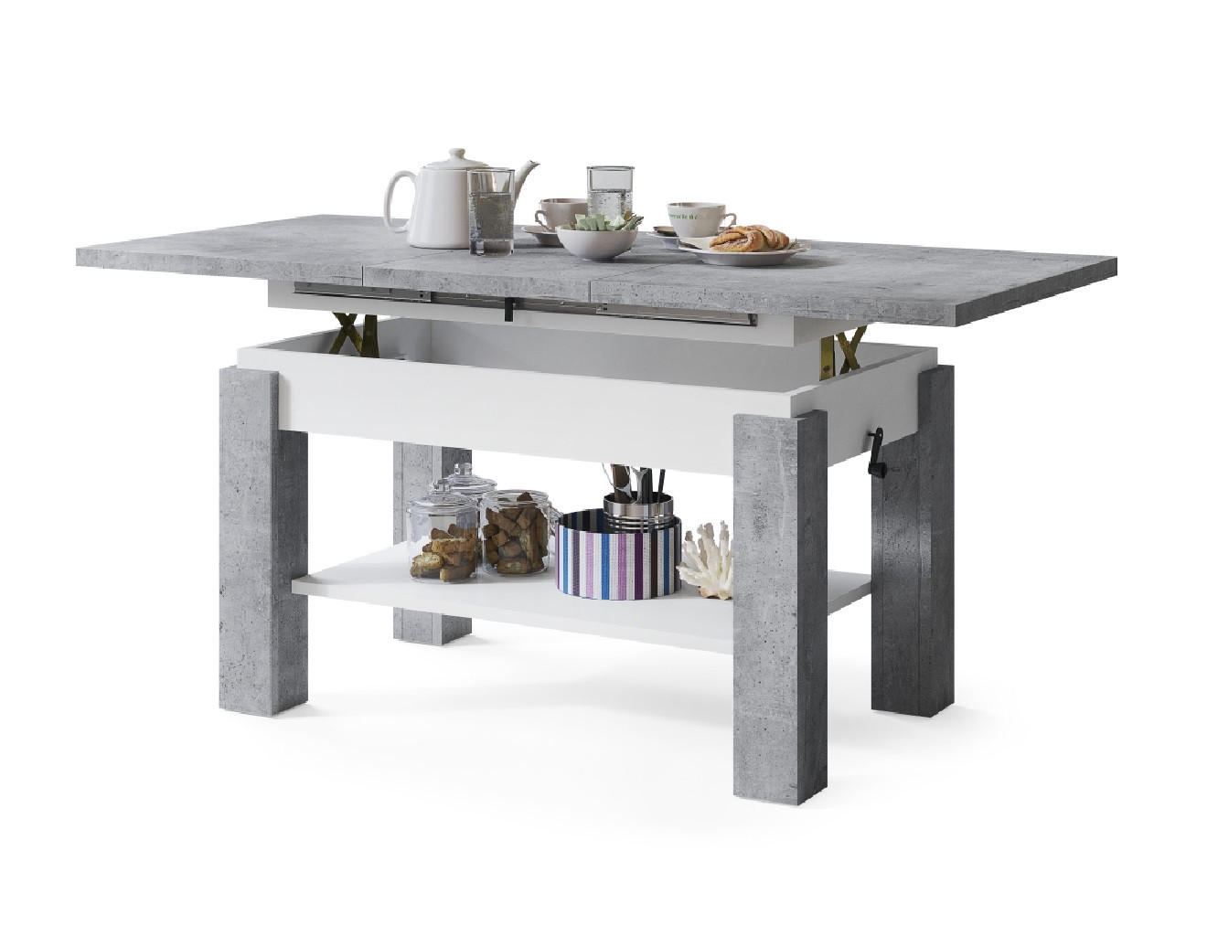COUCHTISCH rechteckig Beton - Weiß ausziehbar höhenverstellbar - Hellgrau/Weiß, Holzwerkstoff (68/110/59cm) - designimpex