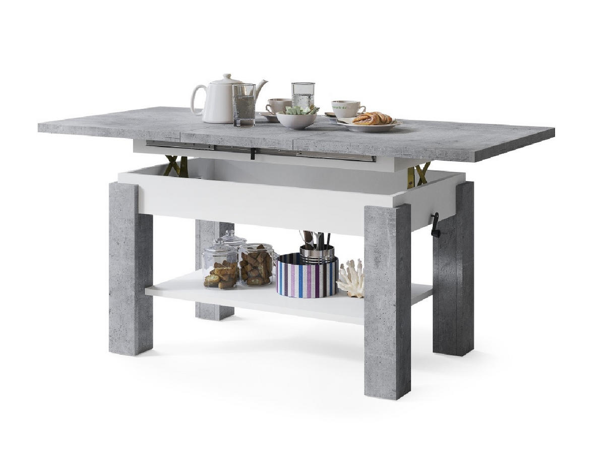 COUCHTISCH rechteckig Beton - Weiß ausziehbar höhenverstellbar - Hellgrau/Weiß, Holzwerkstoff (68/110/59cm) - designimpex