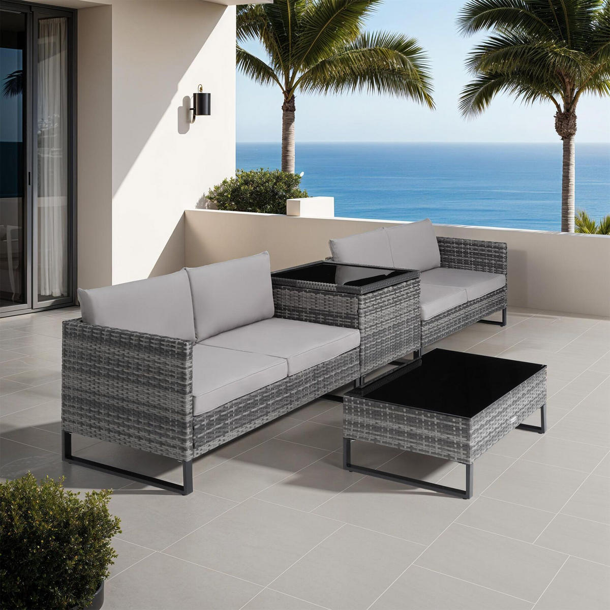 RATTANLOUNGE Ostuni,mit Sicherheitsglasplatte,grau - Grau, Kunststoff - tectake