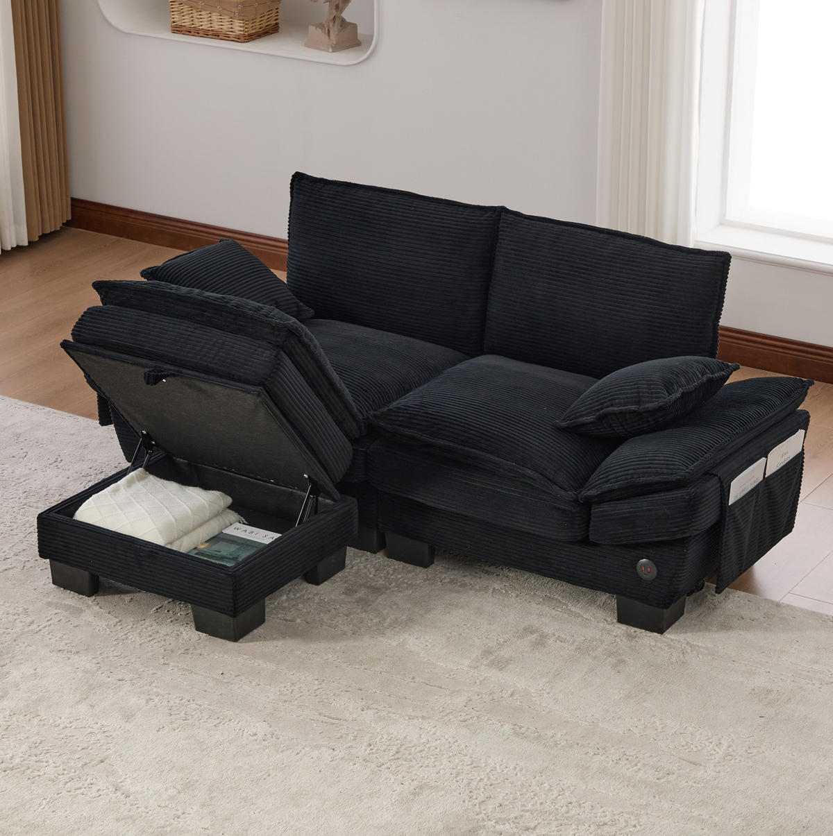 SOFA 2-Sitzer mit Hocker 190 x 132 cm Cord Schwarz - Schwarz, Kunststoff (132/190cm) - Meubliv