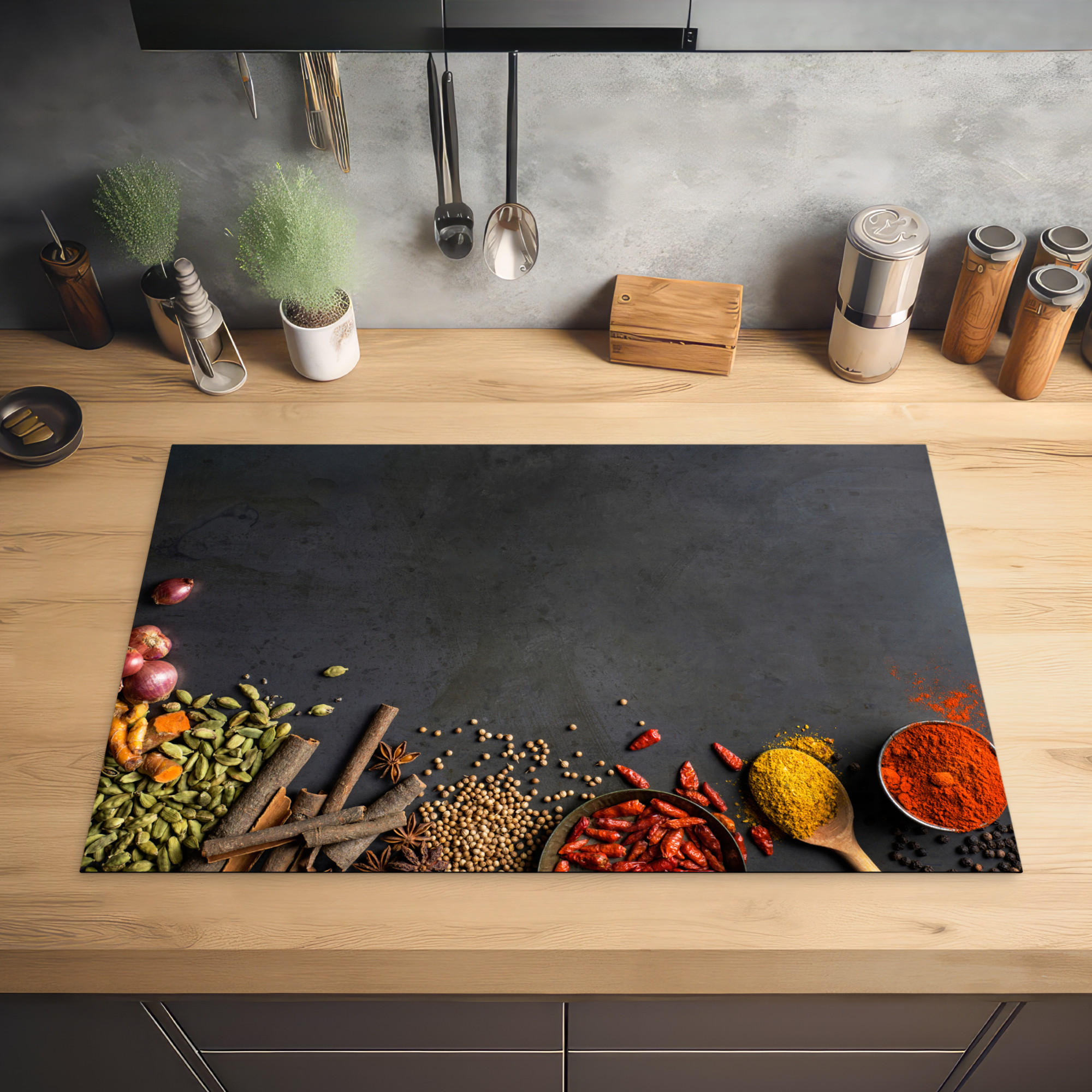 HERDABDECKPLATTE Kräuter - Lebensmittel - Gewürze - Schwarz - Paprika - Zimt 81x52 cm - Currygelb, Kunststoff (81.2/0.2/52cm) - MuchoWow