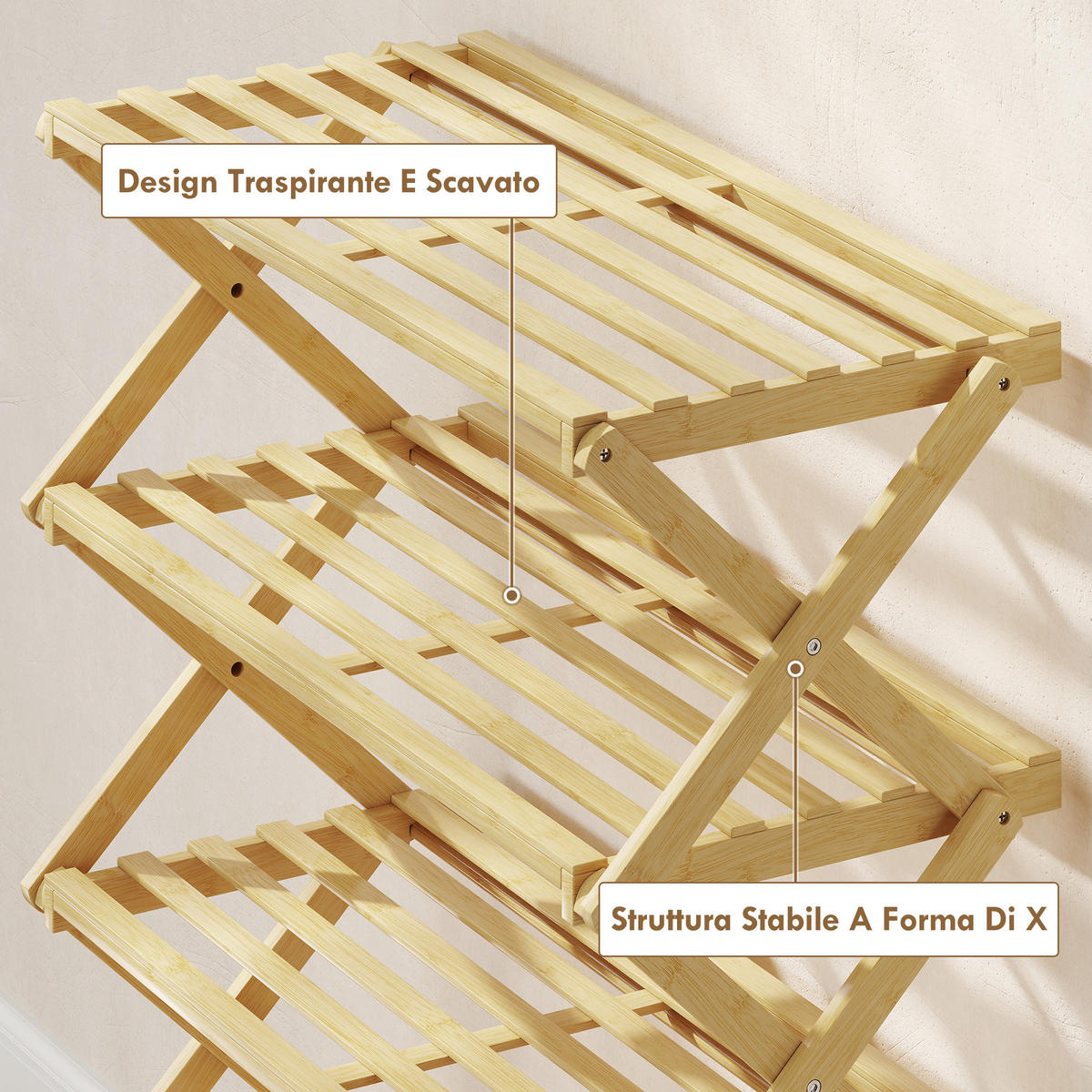 SCHUHREGAL,5-STÖCKIG klappbar Bambus 60x29x88cm,holzfarbe - Beige, Naturmaterialien (60/88/29cm) - Vallsero