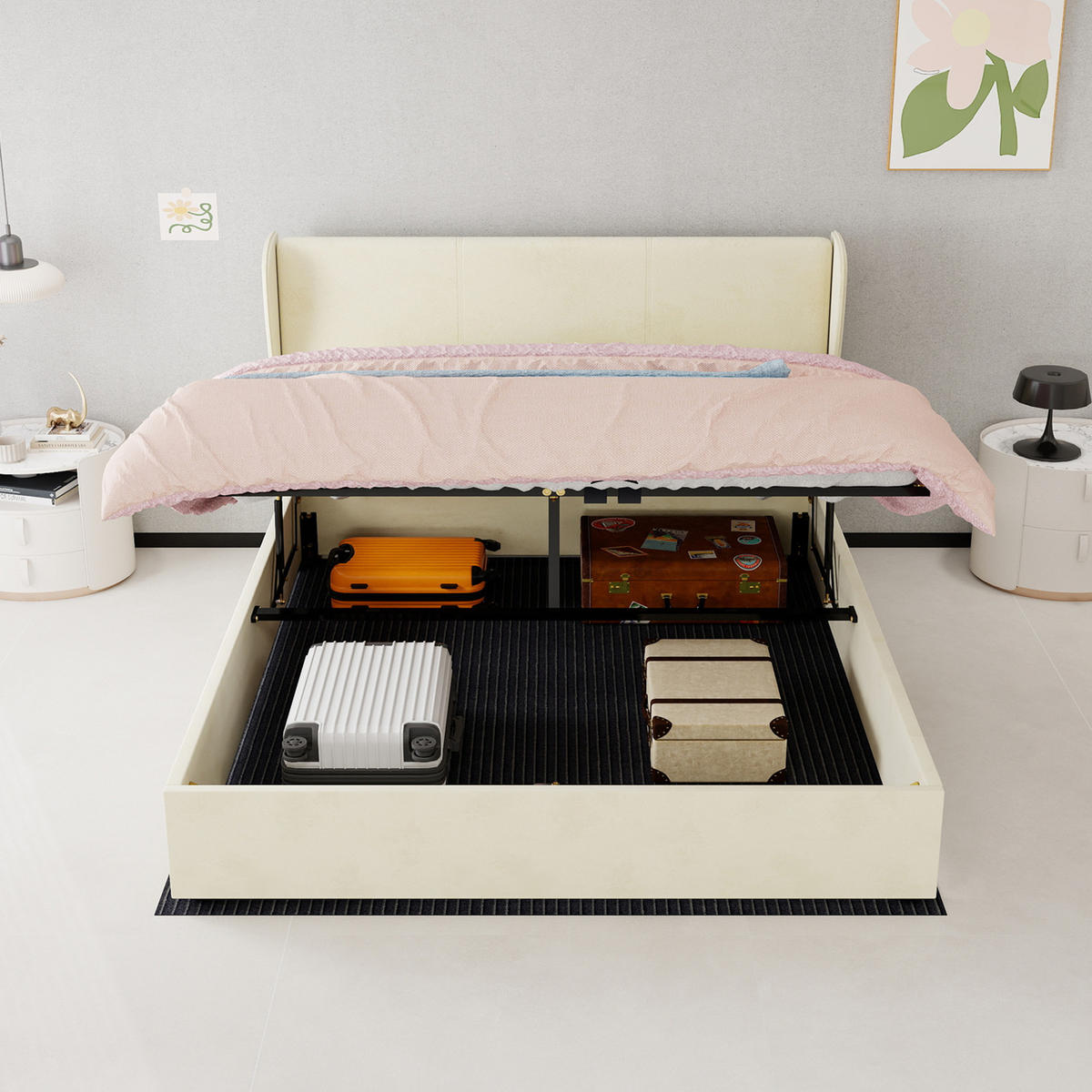 POLSTERBETT 160/200 mit Velourskopfteil und Stauraum in Beige - Beige, Holzwerkstoff/Textil (160/200cm) - EVRYAE