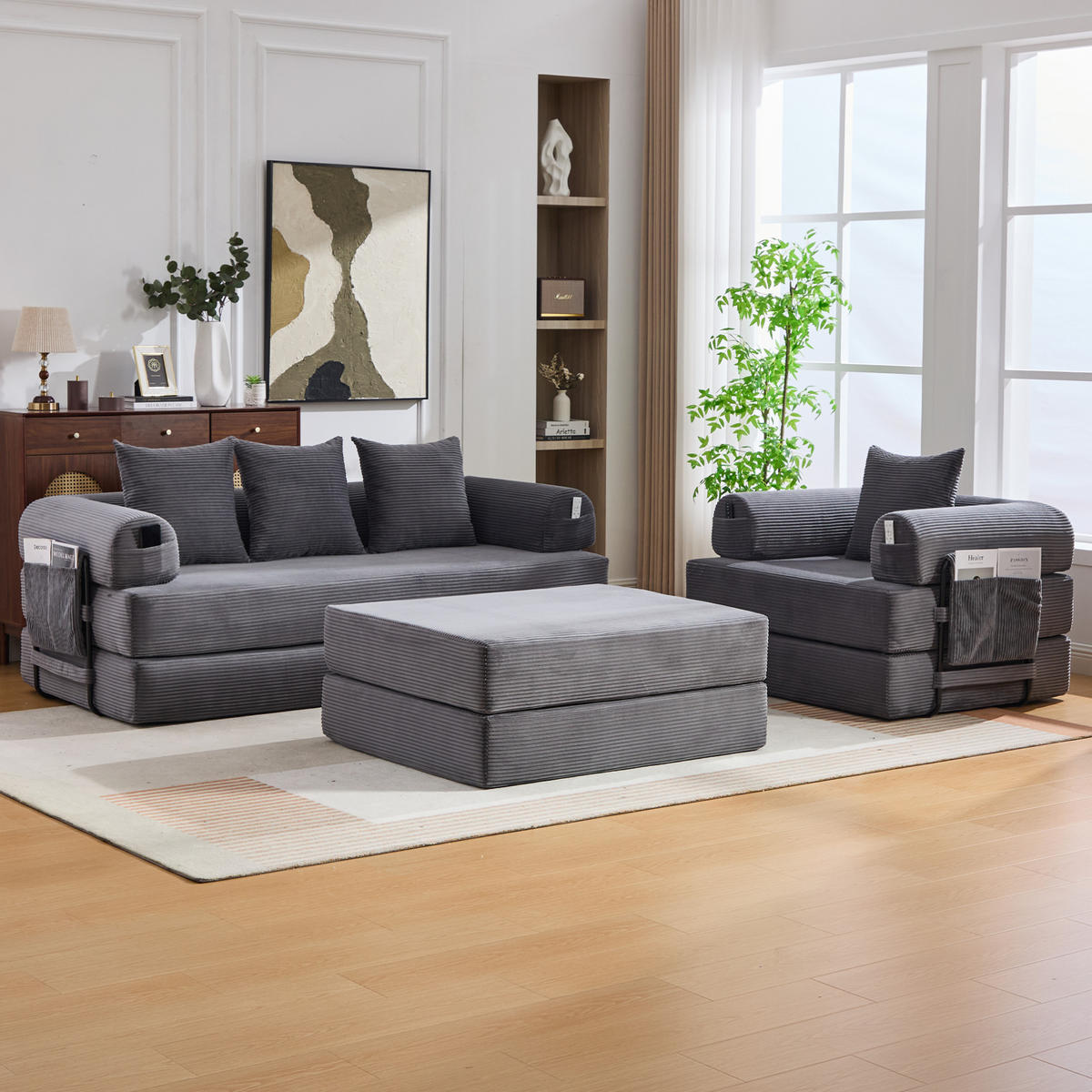 SOFA modular 3-tlg. 200 x 94 x 67 cm Cord Dark Gray - Dunkelgrau, Kunststoff (190/67/312cm) - Meubliv