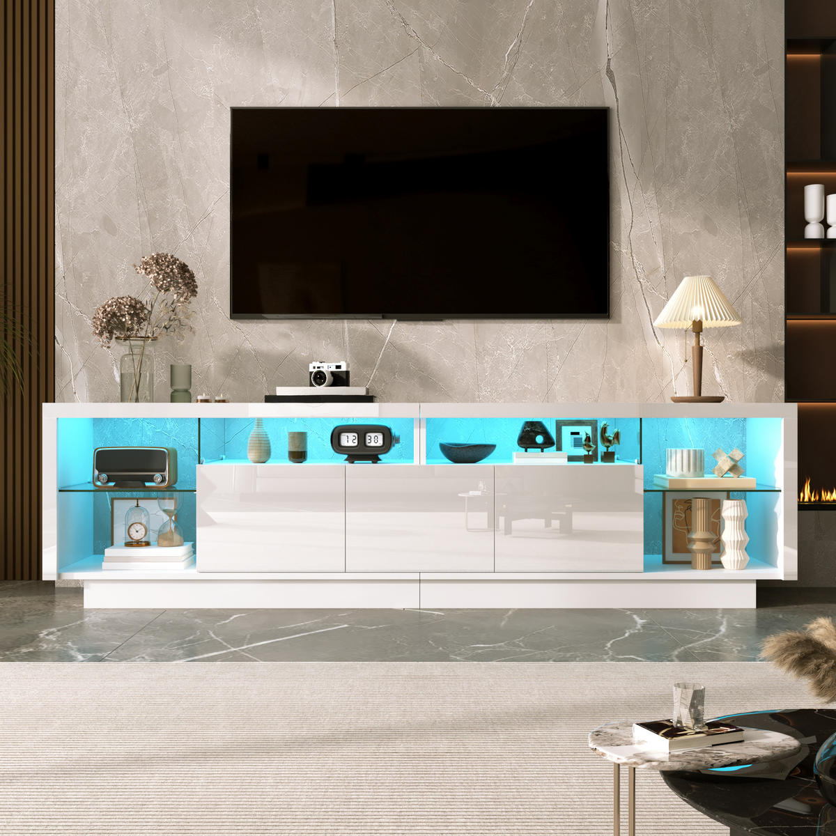 TV-SCHRANK Hochglanz 3 Türen Glasfächer LED App - Weiß, Holzwerkstoff (200/55/38cm) - FLIEKS