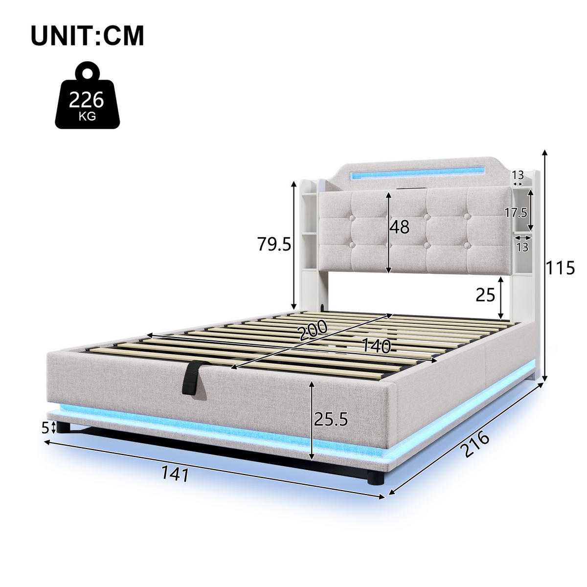POLSTERBETT 140x200cm Beige Leinen LED-Licht Hydraulik USB-C - Beige, Holz (140/200cm) - FLIEKS