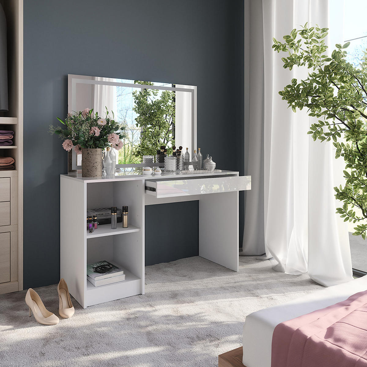 SCHMINKTISCH Sherry Weiß/Weiß Hochglanz 119.8 cm mit LED-Spiegel - Weiß Hochglanz, Holzwerkstoff (119.8/76/50.1cm) - Vicco