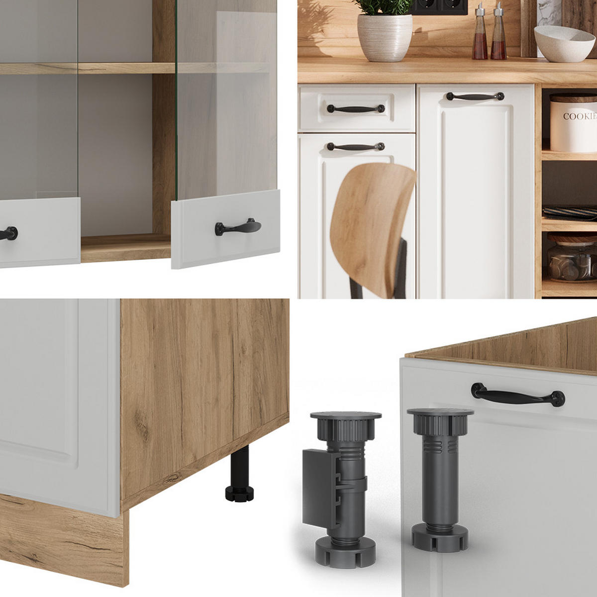 KÜCHENZEILE R-Line Weiß Landhaus/Goldkraft Eiche 240 cm , AP Marmor - Eiche Wotan/Creme, Holzwerkstoff (240/81.6/60cm) - Vicco