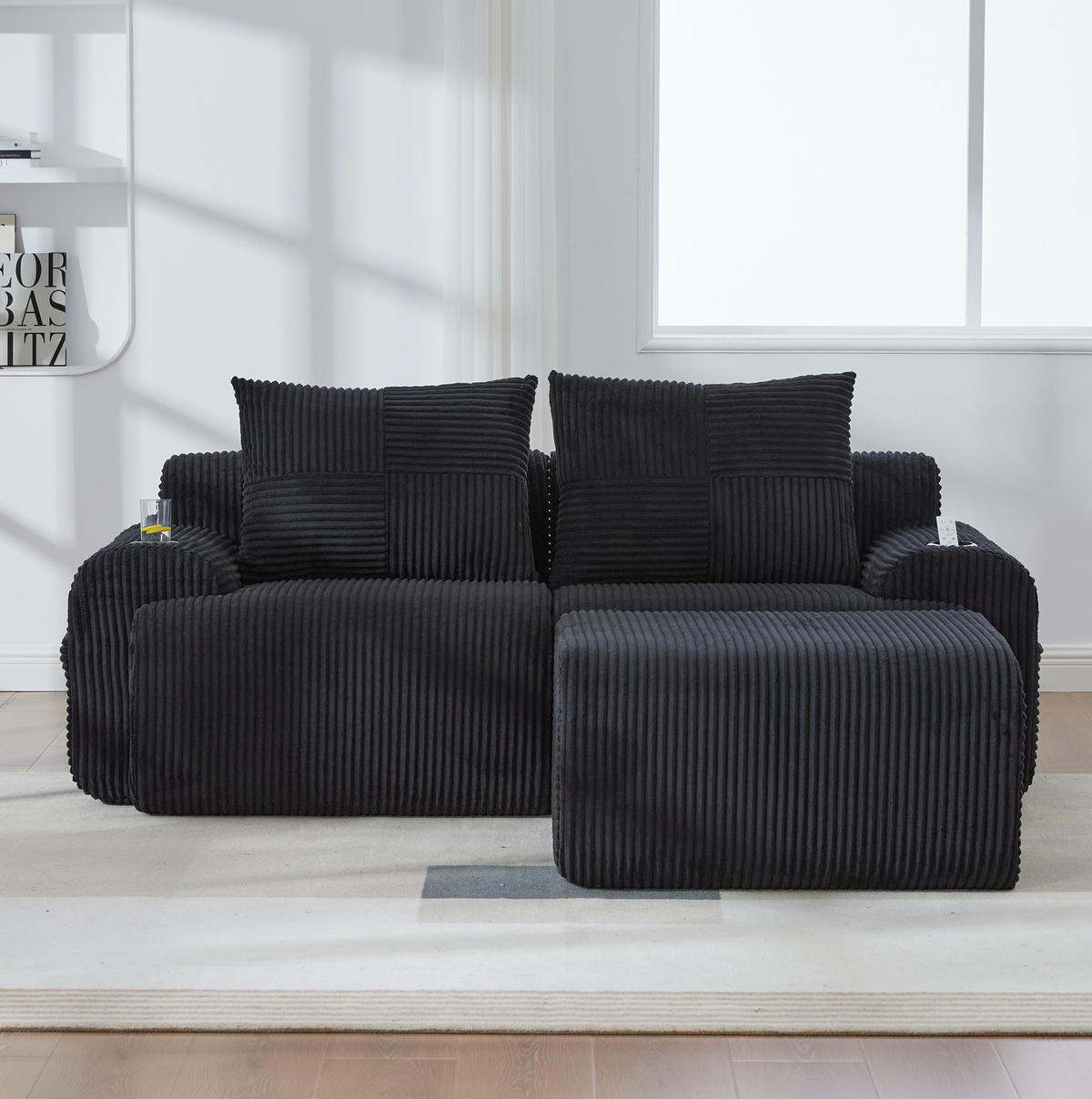 SOFA modular 200 x 174 cm Corduroy Black mit Cupholder - Schwarz, Kunststoff (174/200cm) - Meubliv