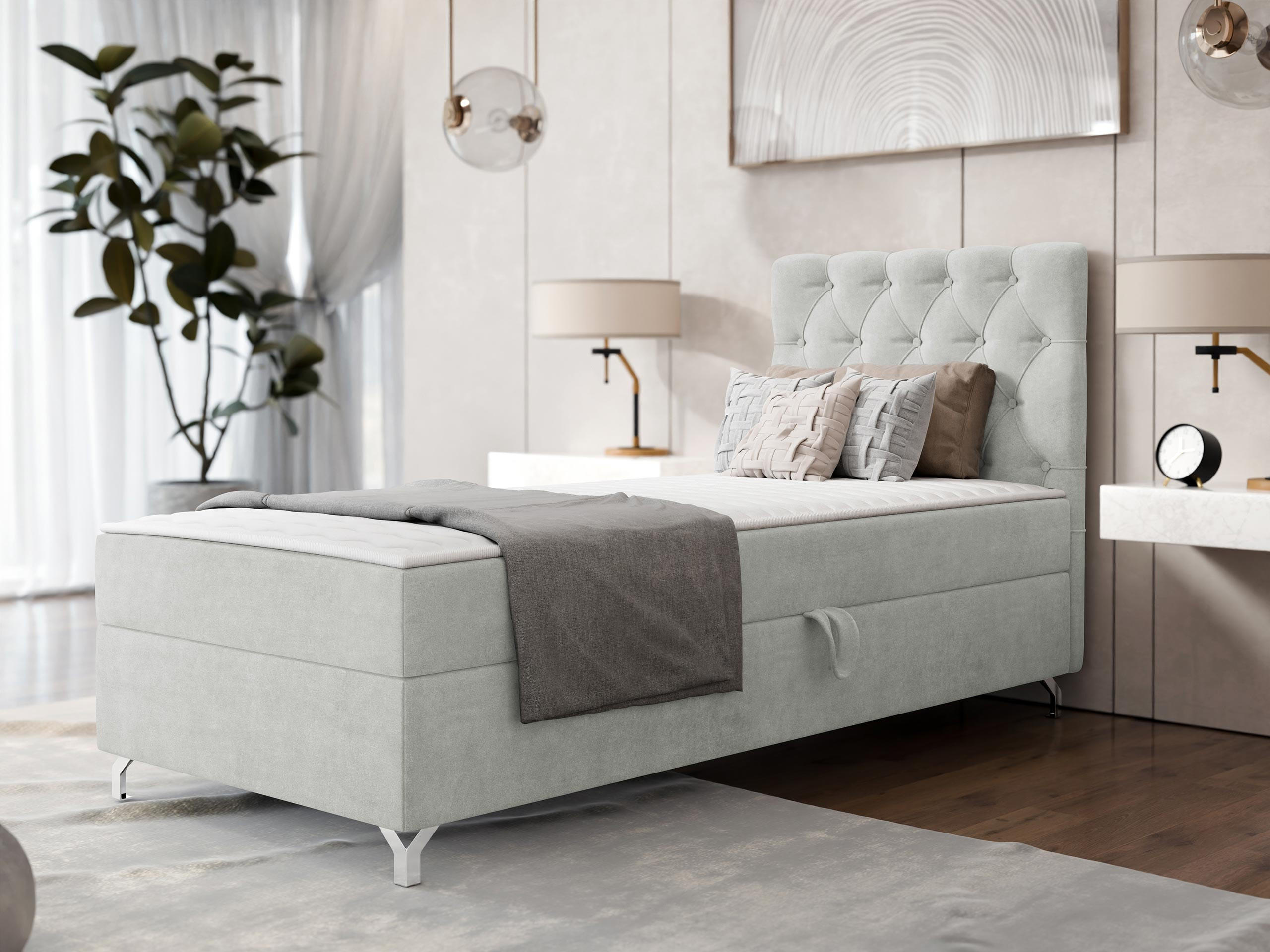 BOXBETT Chester 1, Seite: Rechts - Silberfarben/Hellgrau, Holz/Textil (90/200cm) - MIRJAN24