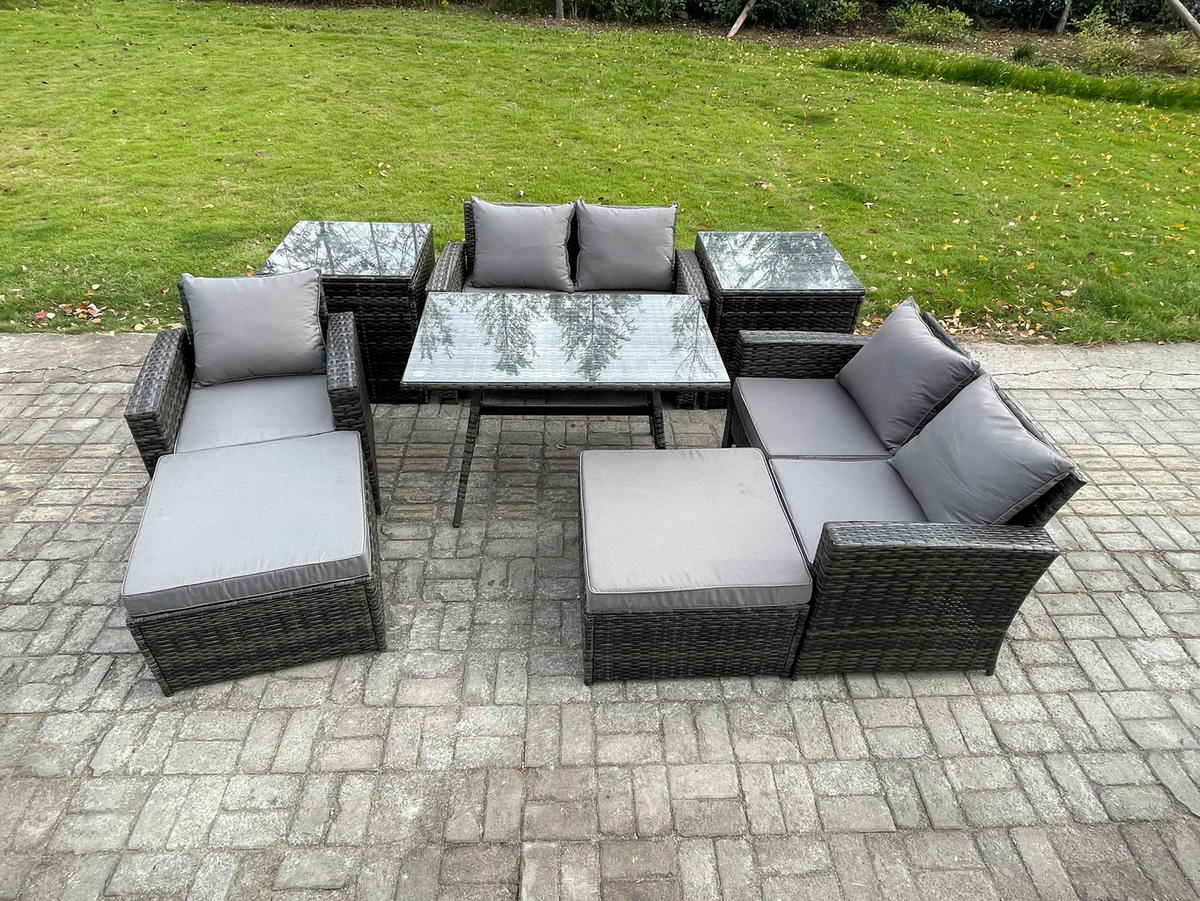 GARTENMÖBELSET mit ESSTISCH,HOCHLEHNER-SOFA Polyrattan Dunkelgrauer Mix 7-Sitzer - Dunkelgrau/Grau, Glas/Kunststoff - Fimous