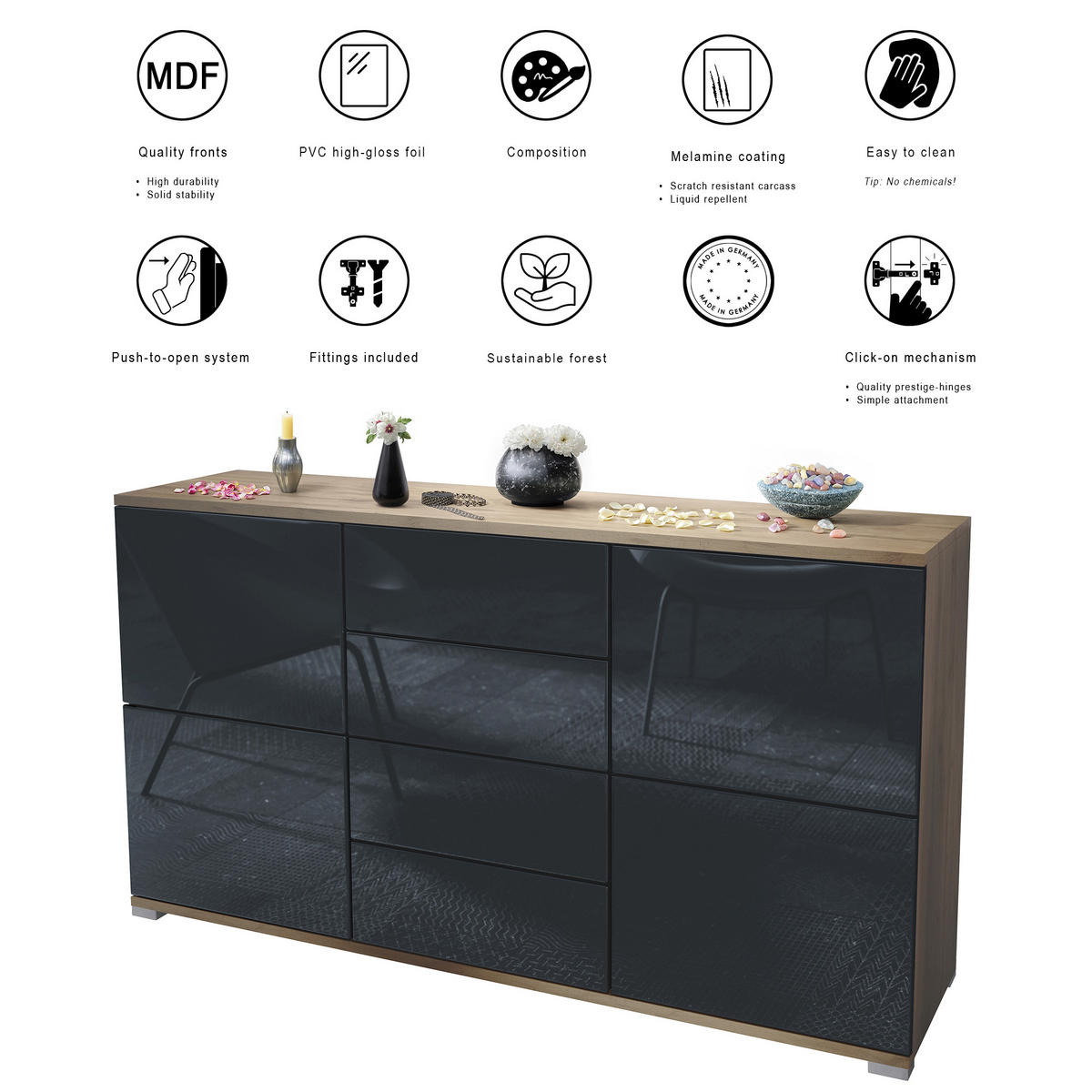 SIDEBOARD Rova Schwarz Hochglanz - Schwarz Hochglanz, Holzwerkstoff (138.5/75.5/35cm) - Vladon