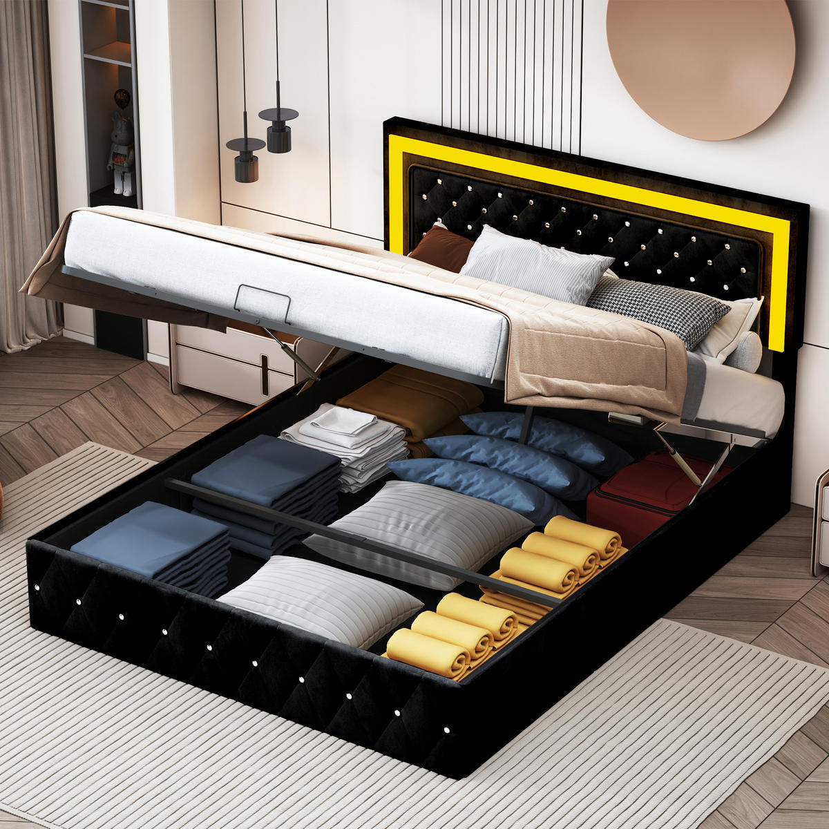 BETT 160x200 cm mit LED, Doppelbett 160x200 cm mit Bettkasten, Lattenrost, Polsterbett Skandinavisches Design, Schwarz Samt - Schwarz, Metall (160/200cm) - GENKI LIVING