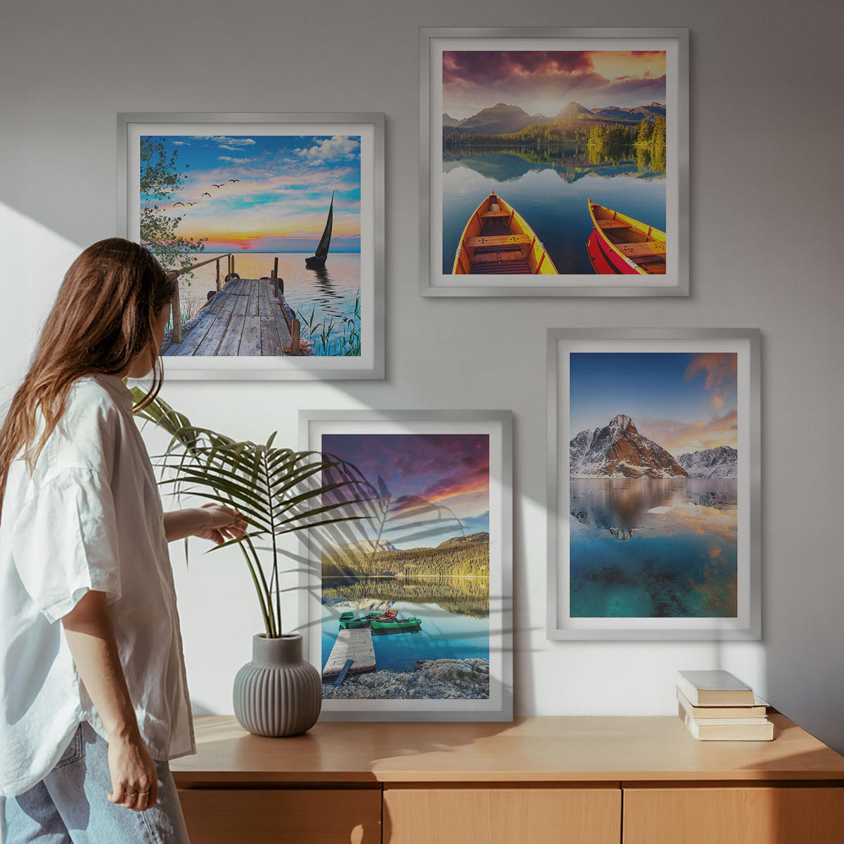 BILDER SET 4er Set - 50x50 cm & 40x60 cm Silberner Rahmen - Seen- und Berglandschaft Łódź - Silberfarben, Kunststoff (50/50cm) - TULUP
