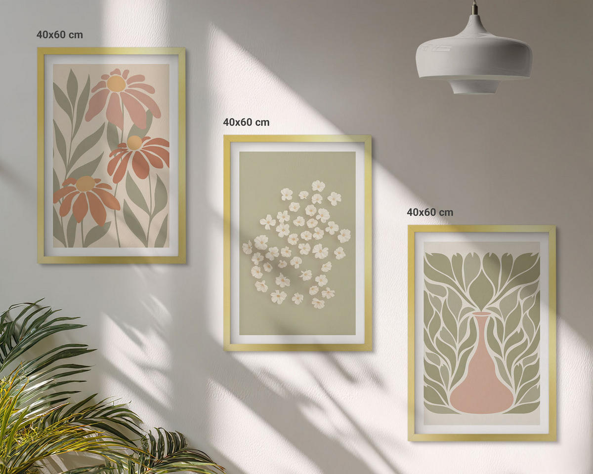 BILDER SET 3er Set - 40x60 cm Goldrahmen - Florale Boho-Muster - Goldfarben, Kunststoff (40/60cm) - TULUP